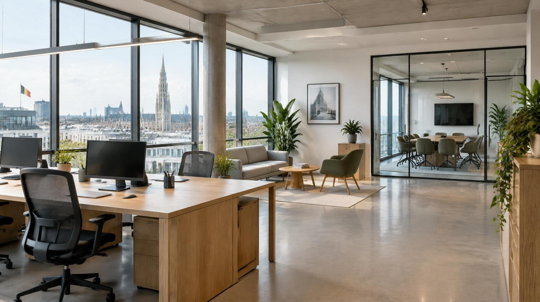 Modern open-plan office interior with large windows