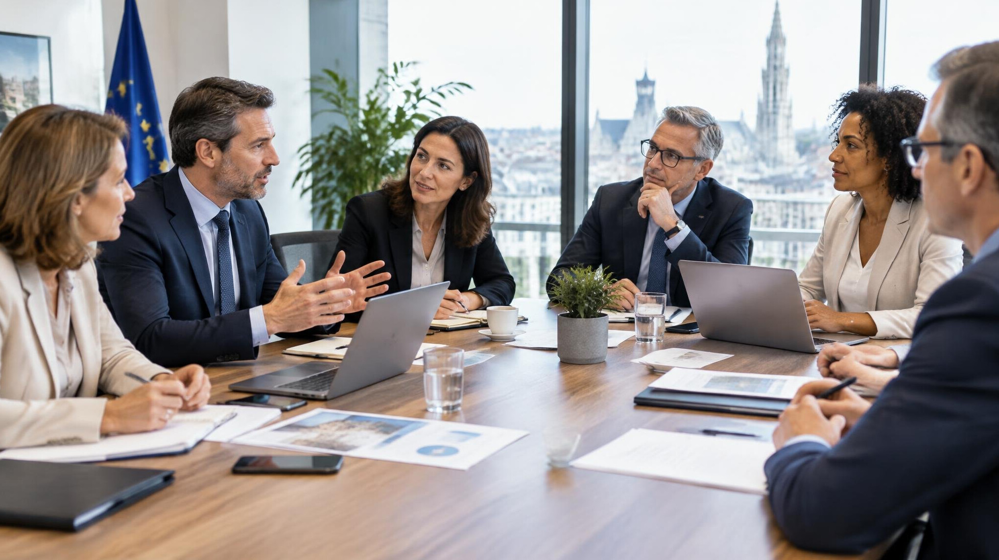Diverse business leaders in a strategic planning meeting around a table